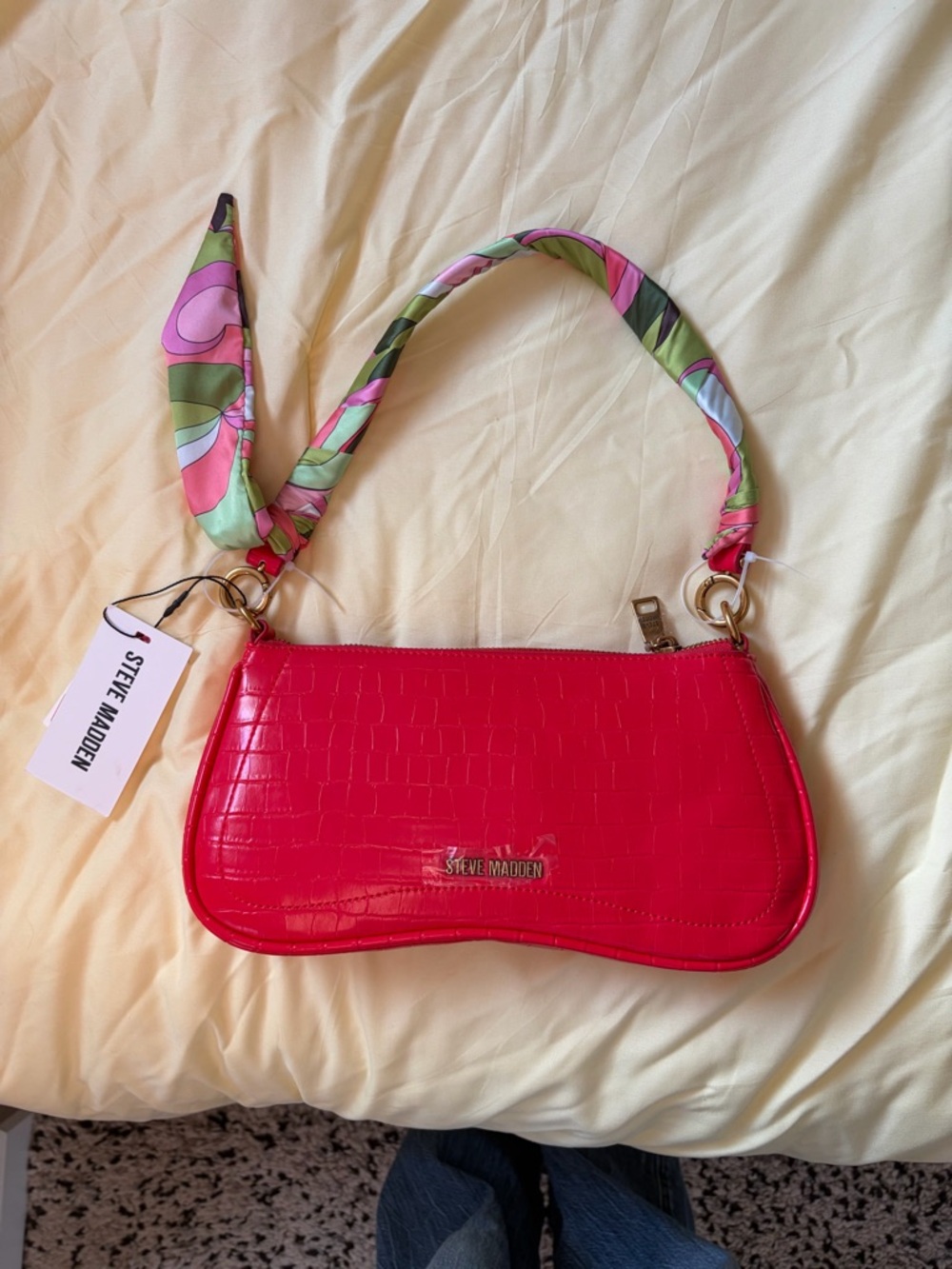 Steve Madden Red Croc-Embossed Mini Shoulder Bag with Patterned Scarf Strap